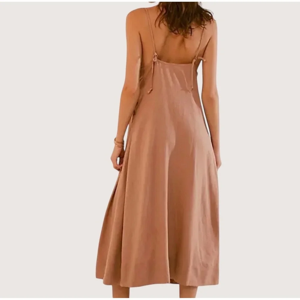 Free People Linen Blend Side Button Midi Slip Dress Mauve Brown Size‎ M - Picture 2 of 12